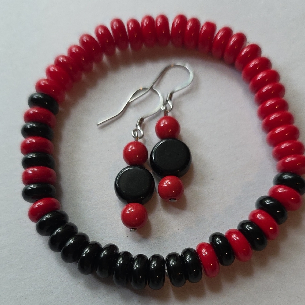 Handmade Red and Black Beaded Bracelet & Earring Set